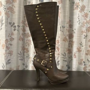 6.5 knee high brow boots with gold embellishments